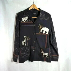 Allison Daley Jungle Embroidered Jacket Black sz S Giraffe Elephant Zebra blazer